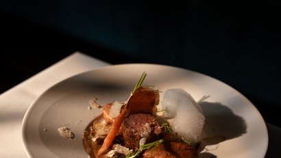 Kunstvoll angerichtetes Gourmetgericht mit Fleisch, Karotte und Schaum auf weißem Teller